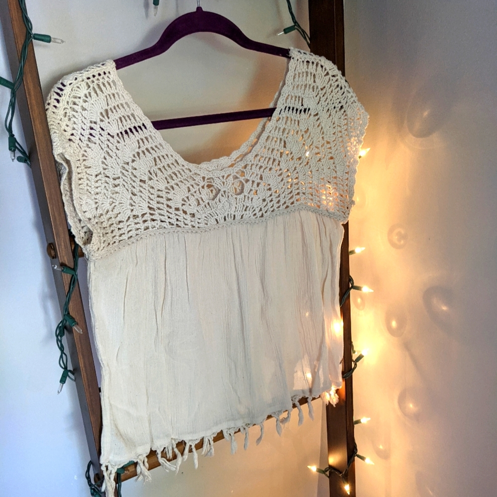American Eagle Crochet Top with Fringe (M)